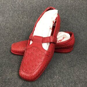 Mushrooms Cross Basket Weave Red Leather Mary Janes Shoes Size 5.5